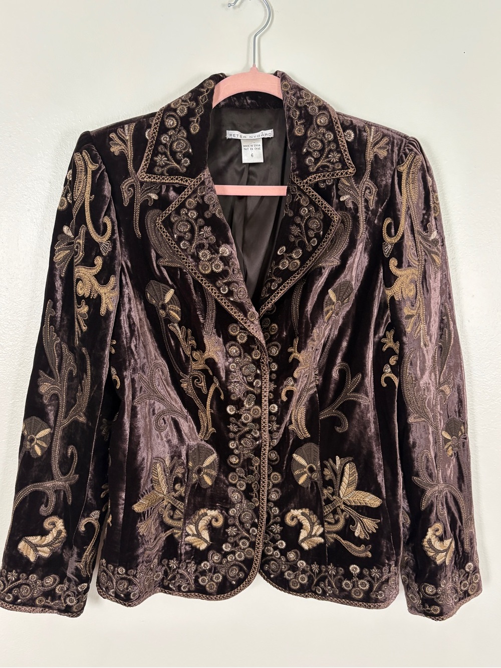 VTG Y2K Boho Brown Velvet Embroidered Blazer by Peter Nygard